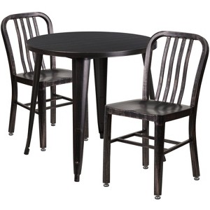 Emma and Oliver Commercial Grade 30" Round Metal Indoor-Outdoor Table Set & 2 Slat Back Chairs - 1 of 4