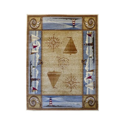Emma and Oliver Nautical Theme Accent Rug with Coastal Scene Borders Featuring Sailboats, Lighthouses, Anchors, Compass Rose and Seashells