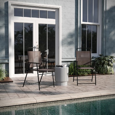 Set of 2 Brown Textilene Folding Patio Chairs with Armrests
