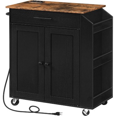 MaseiKar Kitchen Island with Power Outlet, Storage Island with Spice Rack and Drawer, Rolling Kitchen Cart on Wheels, for Home, Dining Room, Black