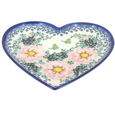 Blue Rose Polish Pottery Apple Blossom Large Heart Plate