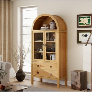 CuisinSmart 71" Display Arched Storage Cabinet, with Tempered Glass Doors, 2 Large Drawers, Adjustable Shelves, for Dining Room Kitchen- Natural - 1 of 4