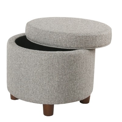 Mid-Century Modern Round Light Gray Tweed Storage Ottoman