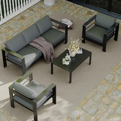 5 Seats Aluminum Patio Furniture Set, 4 PCS Outdoor Sectional Conversation Set with 4" Wide Armrest, Backyard Sectional Sofa Set