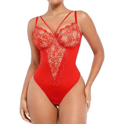 SHAPELLX Womens Lace Bodysuit for Large Bust Tummy Control Shapewear Backless Corset Top V Neck Thong Body Suits Shaper—Red 38