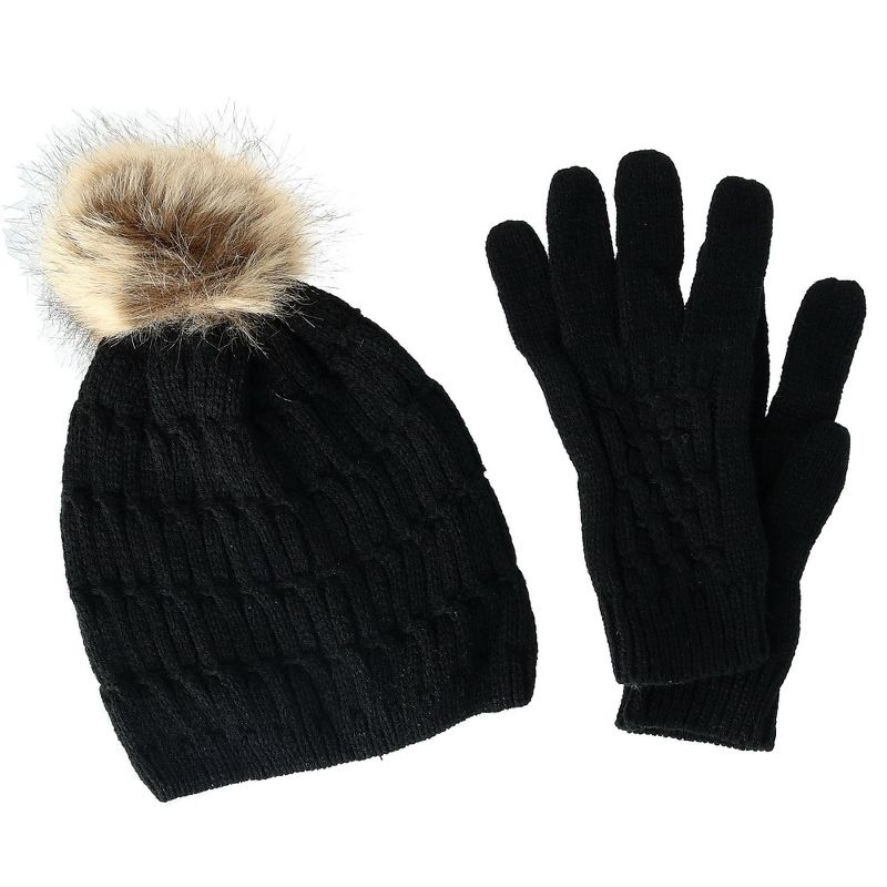 CTM Women's Knit Beanie Hat with Pom and Matching Gloves Set, Black