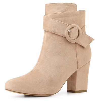 Perphy Women's Round Toe Side Zip Buckle Decor Chunky Heel Ankle Boots