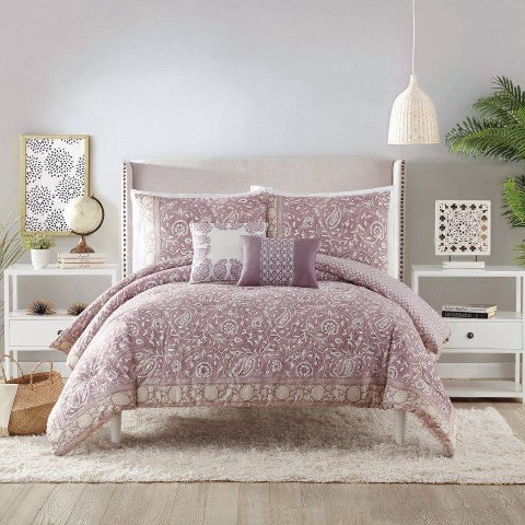 Indigo Bazaar 5pc Queen Socorro Comforter & Sham Bedding Set Light Purple/Ivory: Embroidered, Machine Washable