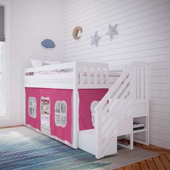 Max & Lily Twin Low Bunk Bed with Staircase and Curtains