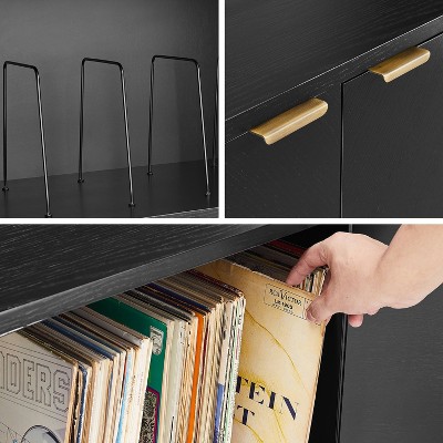 Brody Black Oak Record Storage Sideboard with Brass Handles