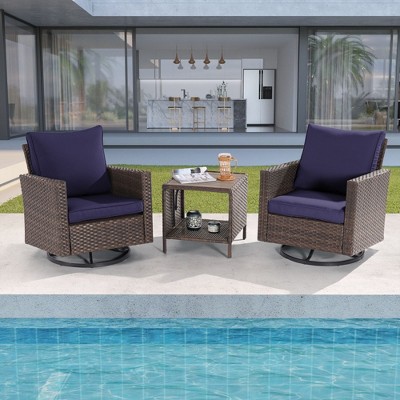 Sonkuki 3-Piece Patio Chair Set Brown Rattan Swivel Rocking Chair Set Coffee Table Suiting Backyard