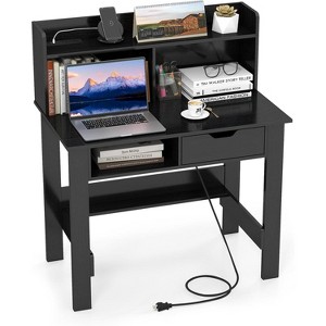 Costway Computer Desk with Power Outlets and USB Ports & Type-C Hutch Open Shelf Drawer Black/White - 1 of 4