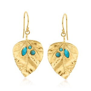 Ross-Simons Turquoise and 18kt Gold Over Sterling Leaf Drop Earrings - 1 of 4
