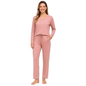 YafeMarte Women’s Super Soft Knit 2-Piece Long Sleeves Pajama Set with Contrast Design - 1 of 4