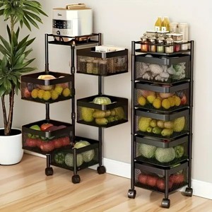 5-Tier Rotating Storage Shelf, Square Metal Kitchen Organizer with Wheels for Fruits Vegetables - 1 of 4