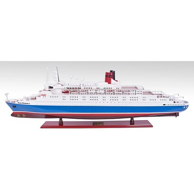 Old Modern Handicrafts Queen Elizabeth II Ship Model 41 Inch Painted Ocean Liner with Wood Base Display