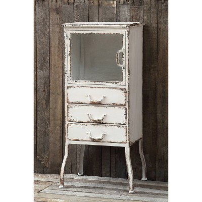 Distressed White Metal Cabinet with 3 Drawers and Open Shelf