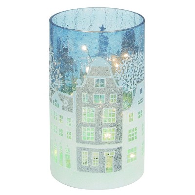 Transpac Glass 8 in. Multicolor Christmas Crackle Light Up Winter House Vase