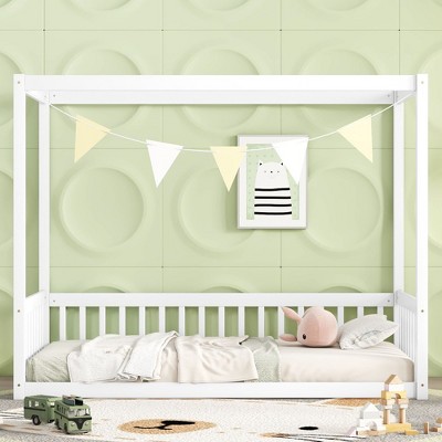 NicBex Twin Size Wooden Canopy Bed, Modern Platform Bed Frame with Fence for Boy and Girl, Easy Assembly