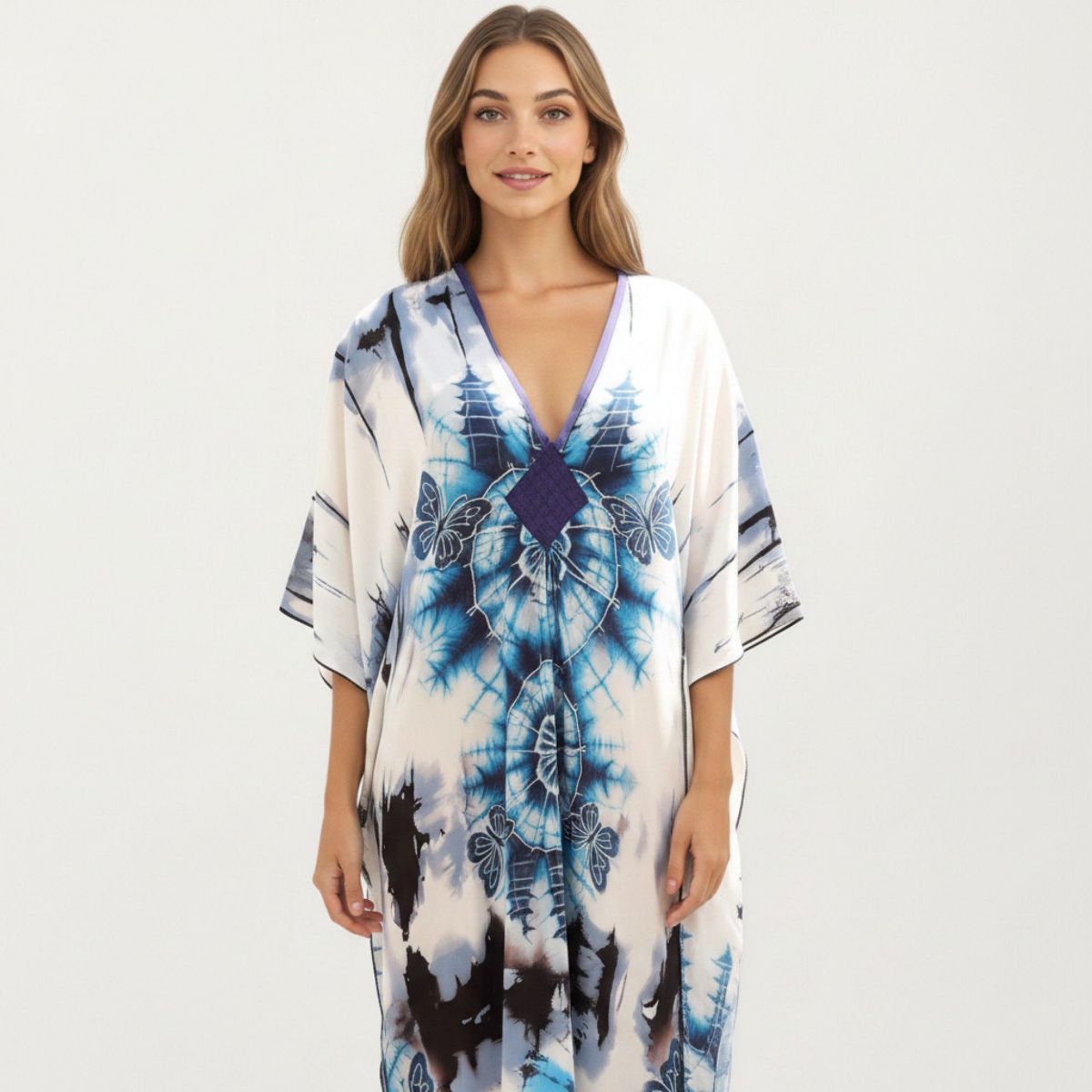 Anna-Kaci Women's Tie Dye Medallion Kaftan Maxi Dress with V-Neckline and Relaxed Flowy Silhouette - thumbnail 10