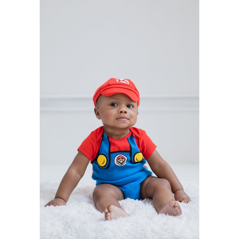 SUPER MARIO Nintendo Mario Luigi Baby Bodysuit and Hat Set Newborn to Infant, 2 of 8