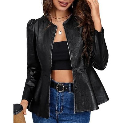 Womens Faux Leather Cropped Jacket Long Sleeve Casual Blazer Moto Biker Coat Fall Fashion Winter Outfits