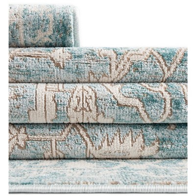 Light Blue and Ivory Abstract Stain-Resistant Rectangular Rug