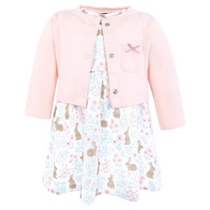 Hudson Baby Infant and Toddler Girls Cotton Dress and Cardigan Set, Floral Bunnies - 1 of 4