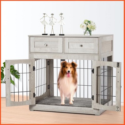 Dog Crate Furniture with Drawers,39.4'' Wooden Dog Kennel Indoor with Cushion, Crate End Table Up to 70 Lbs