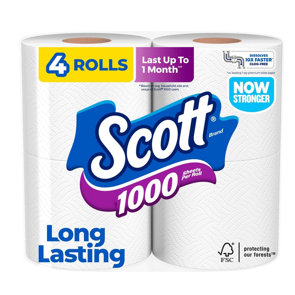Scott 1000 Septic-Safe 1-Ply Toilet Paper - 4 Rolls: 1000 Sheets Per Roll