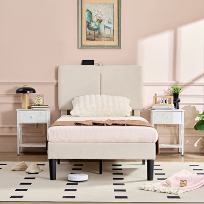 VECELO Platform Bed Frame Upholstered Beds with Height-Adjustable Cotton and Linen Headboard, Bed Frame
