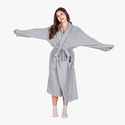 Medium Gray Plush Fleece Long Bathrobe with Pockets
