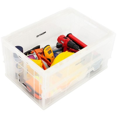 Clear and Blue Collapsible Plastic Storage Crate with Lid, 65L Capacity