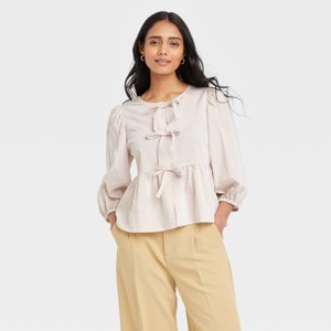 Women's Elbow Sleeve Peplum Tie-Front Blouse - A New Day™ - 1 of 3