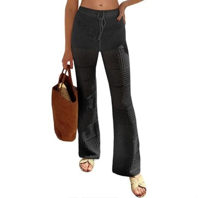 Wikineon Womens Beach Cover Up Pants Boho Crochet Knit High Waist Drawstring Sheer Hollow Swim Pant Swimwear