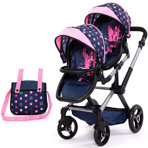 Bayer Design Dolls Xeo Twin Pram Stars Navy Pink Matching Handbag Dolls 20