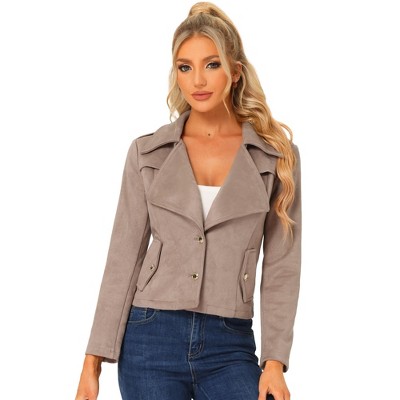Allegra K Women's Faux Suede Lapel Collar Moto Biker Jacket