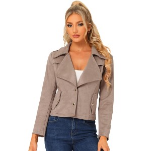 Allegra K Women's Faux Suede Lapel Collar Moto Biker Jacket - 1 of 4