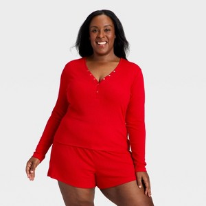 Women's Ribbed Long Sleeve Shirt and Shorts Pajama Set - Auden™ - 1 of 3