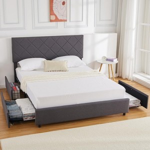 Queen Size Upholstered Storage Bed with 4 Drawers, Gray - Metal and Wood Frame, No Box Spring Needed, Soft Headboard, Space Saving Design - 1 of 4