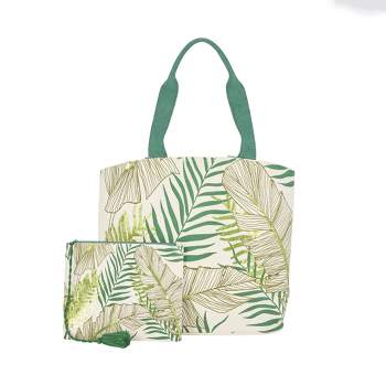 Mina Victory Palm Leaf 22" x 15" x 6" Beach Bag with Matching Clutch Green