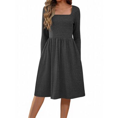 Zeagoo Women's Square Neck Long Sleeve Knee Length Dress | Gray | Misses Medium