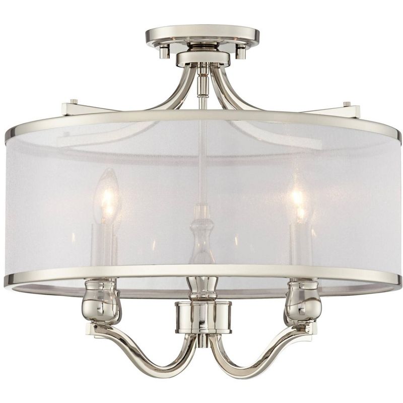 Possini Euro Design Nor Vintage Ceiling Light Semi Flush Mount Fixture 18" Wide Polished Nickel 4-Light Silver Organza Drum Shade for Bedroom Kitchen, 1 of 10