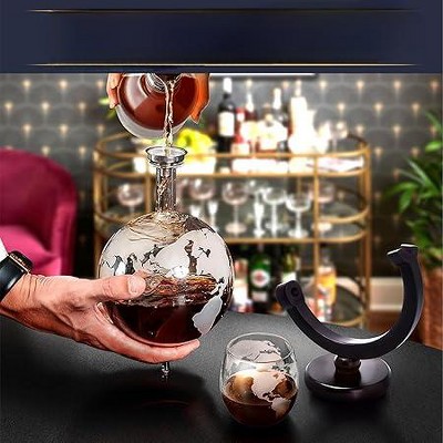 Elegant Clear Glass Globe Whiskey Decanter Set with Stand