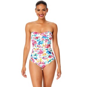 Women's Watercolor Paisley Twist Front Shirred One Piece Swimsuit - 1 of 4