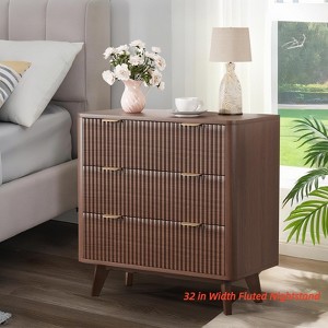 Modern 32 in Width Fluted Nightstand, 3 Drawer Bedside Table w/Gold Handle and Large Drawer, Wood Chest of Bedside Table w/ Curved Profile - 1 of 4