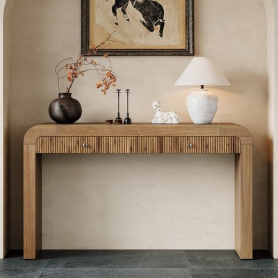 VYNXARIA Rustic Console Table with Fluted Drawer Front, Entryway Table with Curved Corners&Thick Legs(Natural)