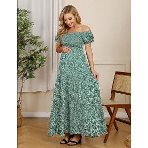 Women's Casual Off the Shoulder Smocked Tiered Dress Puff Sleeve Ruffle Maxi Dress - 1 of 1