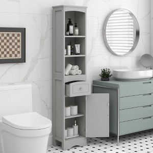 MAYEERTY Tall Bathroom Cabinet Freestanding Storage Drawer MDF Adjustable Shelf White - 1 of 4