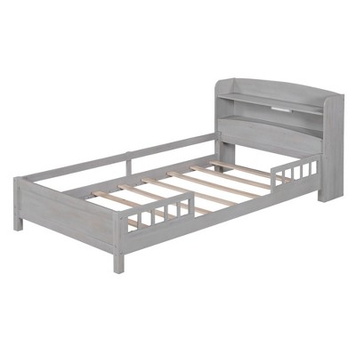 NicBex Full/Twin Size Platform Bed with Storage Headboard,Built-in LED Lights and Guardrail for Adults/Boys/Girls